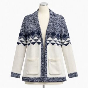 Gap‎ Cardigan Sweater Women M Open Front Shawl Collar Blue Ivory Geometric Knit